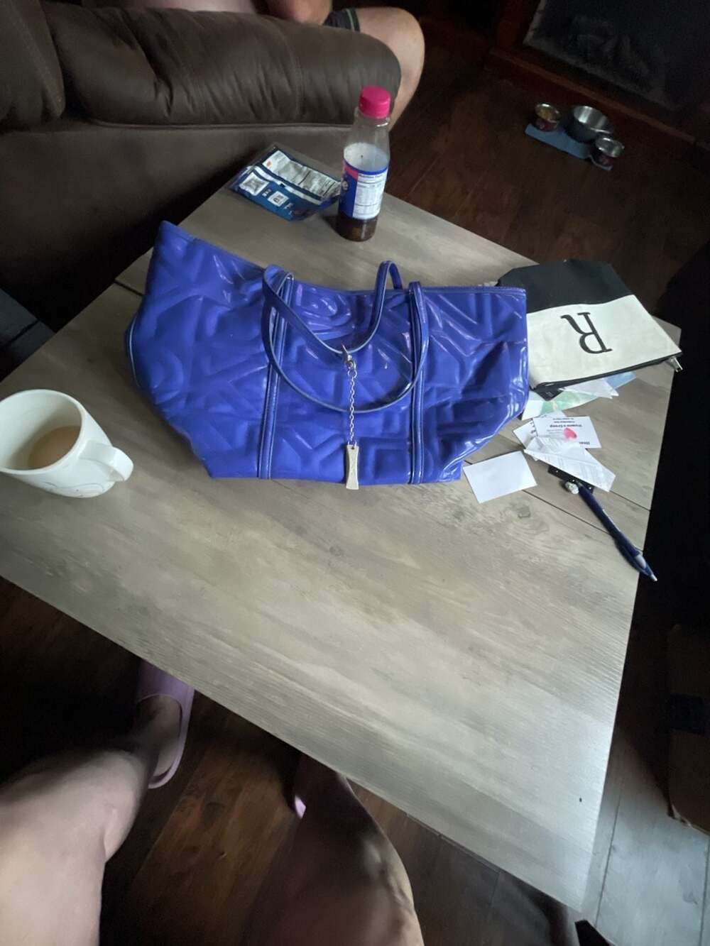 DKNY Patent Leather Blue Monogram Tote Bag with Charm
